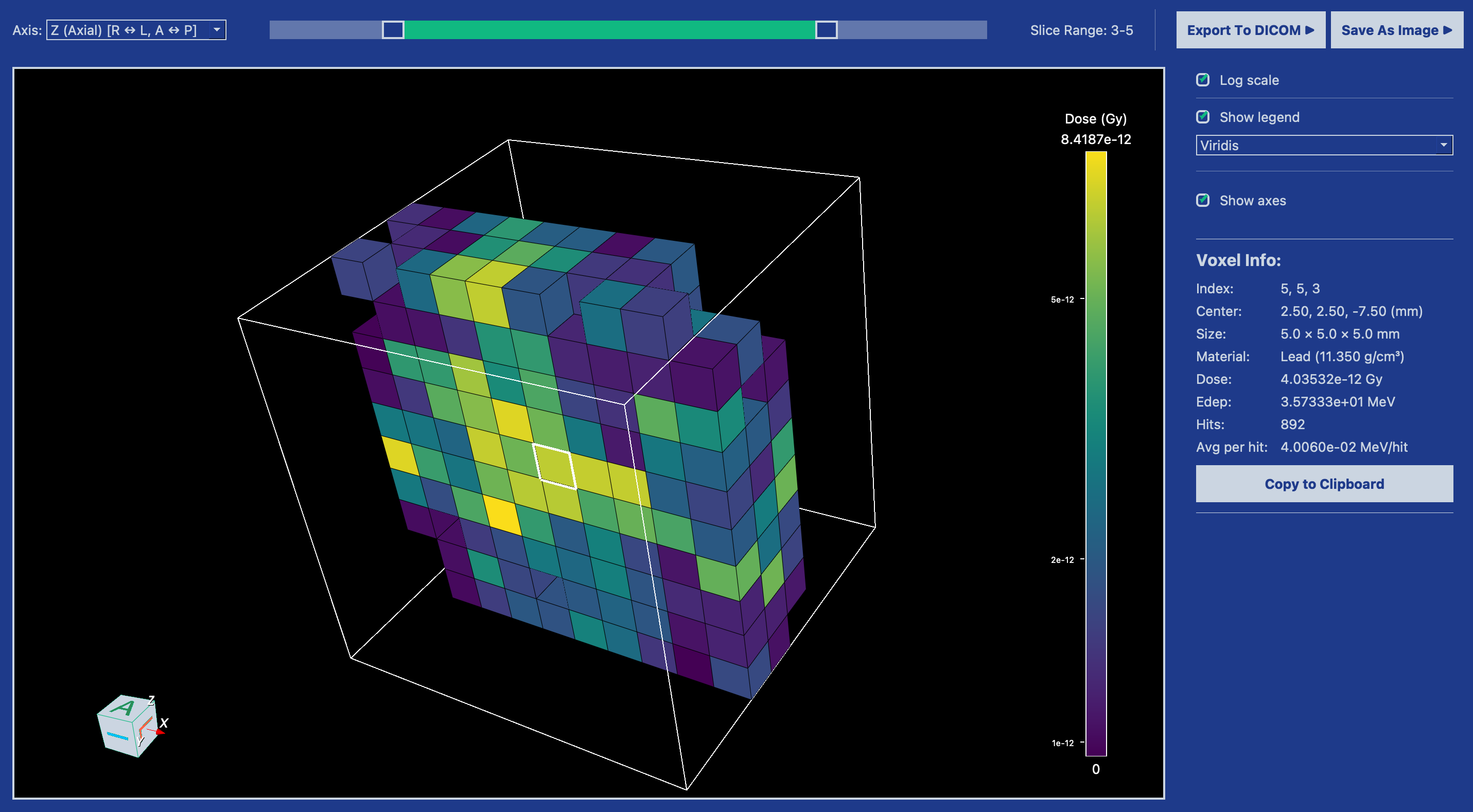 3D Dose Viewer showing sliced subset of voxel grid